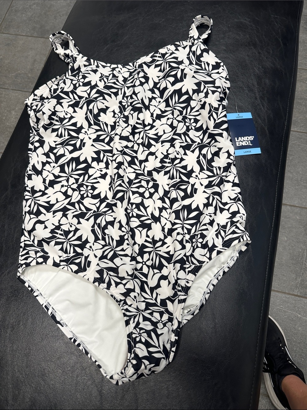 Lands' End Black & White Floral One-Piece Swimsuit